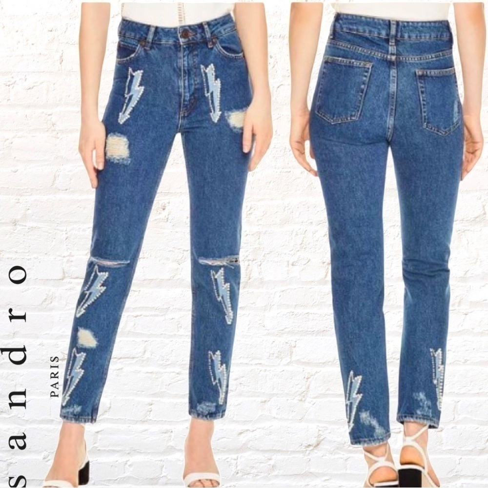 Sandro Rebecca Lightning Bolt Graphic High Rise Jeans Size 8 Jeweled Pearl Beads